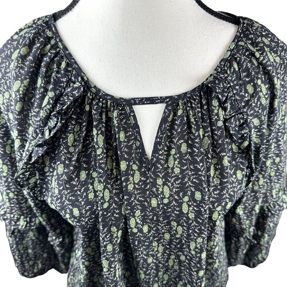 Beacon Apparel Womens Boho Floral Blouse Black Green 3/4 Balloon Sleeve Top M - Picture 3 of 8